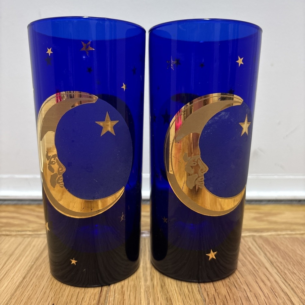 Culver Cobalt Blue Glass Celestial Sun Moon & Stars Glasses 22K Gold - Set Of 2
